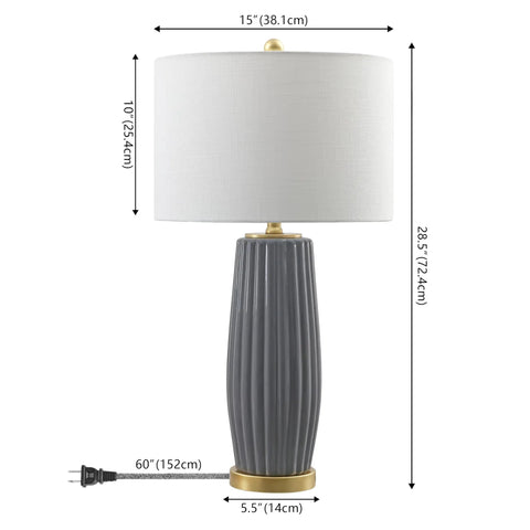 Gray 28.5 Inch Modern Ceramic Table Lamp With Fluted Base And White Linen Shade, Gold Accent, Energy Efficient LED Bulb Included
