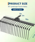 48-inch landscape tractor rake with 21 tines, shown from front angle, designed for debris removal, compatible with tractors
