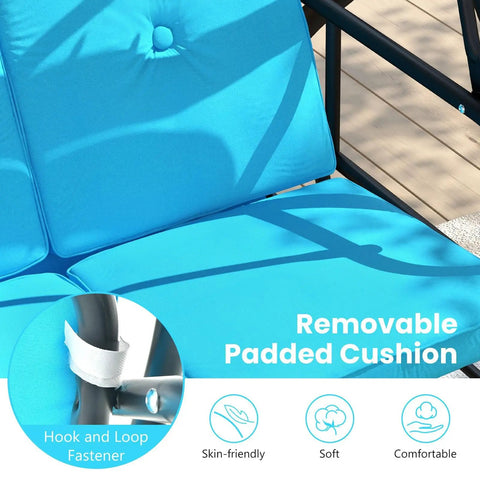 Removable cushion on Three Seat Outdoor Porch Swing 2 In 1 Swing Glider With Adjustable Canopy Weatherproof Fabric, turquoise color.