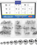 Top Shelf Sae Precision Chrome Steel Ball Bearings 500 Piece Assorted Bike Tool Kit showing assorted sizes in a storage box.
