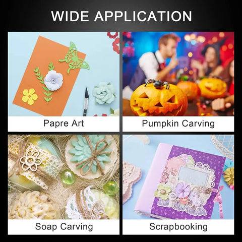 Collage showing paper art, pumpkin carving, soap carving, and scrapbooking with 60 Pack Exacto Knife Blades 11 Replacement Blades For Crafting And Scrapbooking Hobby Knife Refills In Clear Storage Box Sharp And Rust Preventive Oil Coated Pro Grade Art Cutting And Carving Essentials.