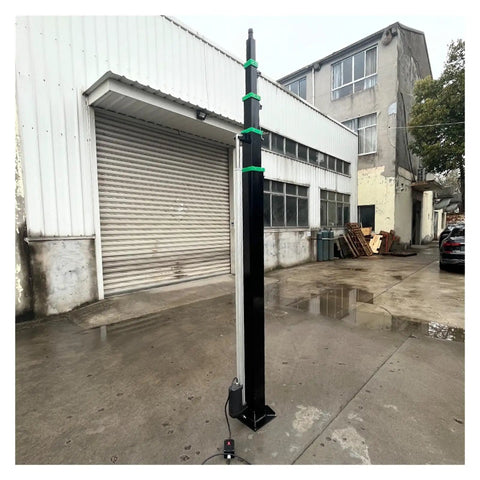 Heavy Duty Electric Lifting Pole Featuring Automatic Telescopic Mast And Drop Dead Easy Multi Stage Height Adjustment Portable Retractable Utility Stand With 6 Meter Reach Ready To Roll, positioned upright in an outdoor space.