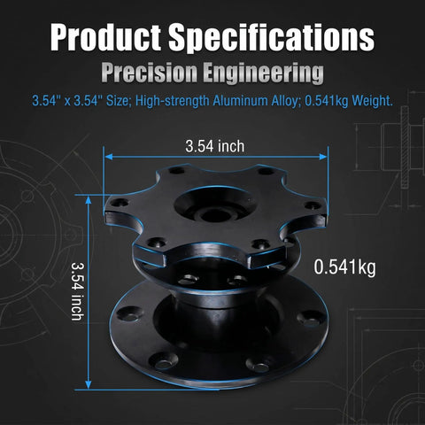 Universal Quick Release Steering Wheel Hub Adapter Kit With Anti Theft Six Bolt Boss Plate dimensions 3.54 inch, aluminum alloy construction.