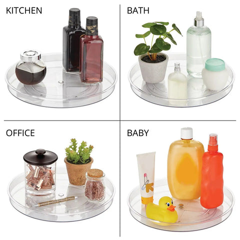 Slick Rotating Lazy Susan Turntable Spinner Fully Swiveling 11.5 Inch Clear Plastic Round Organizer in kitchen, bath, office, and baby settings.