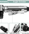 Heavy Duty Air Die Grinder With Rock Solid Metal Housing And Precision Ball Bearings Powers Through Any Task At A Blazing 20000 Rpm showing interchangeable collets and safety lock.