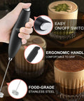 Hand holding Powerful Milk Frother With Double Whisk Handheld Electric Foam Maker, highlighting ergonomic handle and switch.