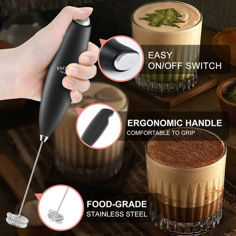 Hand holding Powerful Milk Frother With Double Whisk Handheld Electric Foam Maker, highlighting ergonomic handle and switch.