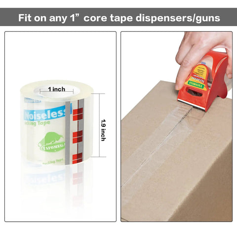 Clear Noiseless Packing Tape With Ergonomic Dispenser sealing a box, showing 1.96 inch width, fits 1 inch core, 3 pack.