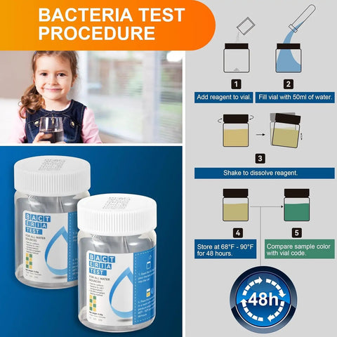 Complete 17 Parameter Drinking Water Test Strips With Two Bacteria Detection Kits For Home Well Tap And Floodwater Testing, child holding water.