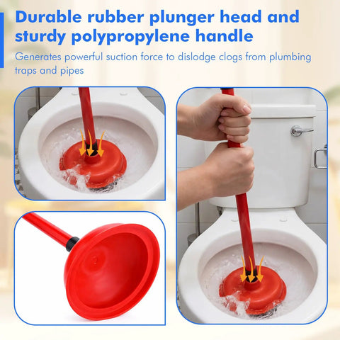 Tough As Nails Toilet Plungers 12 Pack Bulk 19 Inch Long Handle Suction Cup Plunger with rubber head and polypropylene handle in use.