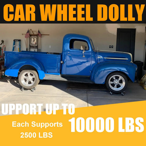 Rock Solid Four Piece Wheel Dolly Set Featuring Tough As Nails Steel Construction And A Rust Resistant Powder Coat Finish Designed To Handle Heavy Loads Like A Champ While Rolling Out Cars Trailers Or Stored Gear Up To Ten Thousand Pounds with classic blue truck.