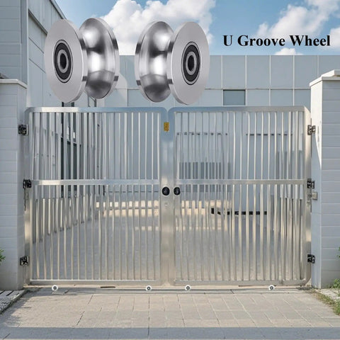 Heavy Duty Sliding Gate Rollers For Hassle Free Barn Door Fixes And Rust Resistant Stainless Steel U Groove Pulley mounted on a gate.
