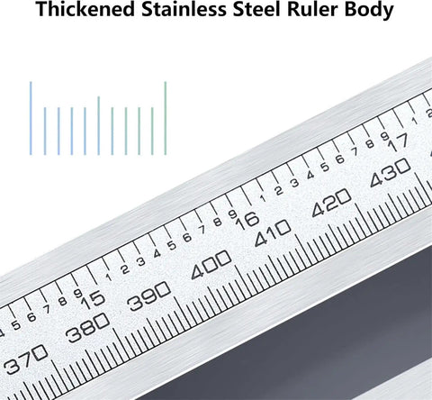 Close-up of Digital Caliper 0-800mm/31.5 in, Long Jaw LCD Measuring Tool with Inch Metric Conversion ruler body showing measurements.