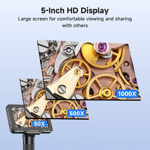 5 Inch LCD Digital Soldering Microscope With Flexible Stand, 1000X Magnification, showcasing watch gears on HD display