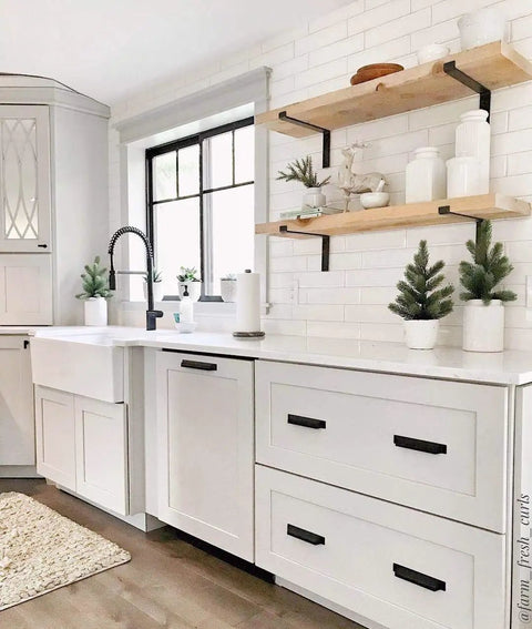 Heavy Duty Industrial Floating Shelf Wall Brackets For True 10 Inch Lumber Boards supporting open shelf display in modern kitchen.