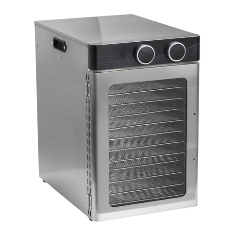 Real Deal Heavy Duty Electric Food Dehydrator With Twelve Spacious Trays And A Rock Solid 1200 Watt Motor, stainless steel exterior.