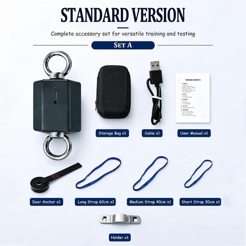 Professional Grade Isometric Strength Tester With Seamless Wireless Tracking And BeastMode Push Pull Dynamometer accessory set including storage bag, cables, straps.