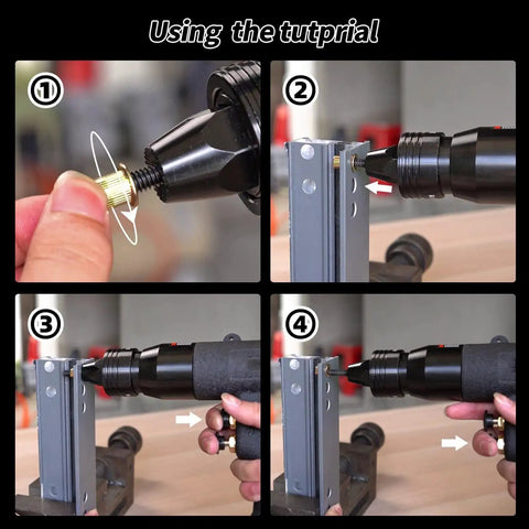 Step-by-step guide using Adjustable Speed Pneumatic Rivet Nut Gun Kit With Five Mandrels on metal sheet.