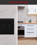 Double Light Wall Toggle Switch Plate 2 Gang Mid Size 4.88 By 4.92 Inches Built Tough Unbreakable Polycarbonate Thermoplastic Heat And Fade Resistant UL Listed Black Finish Model 8812M BK installed in kitchen.