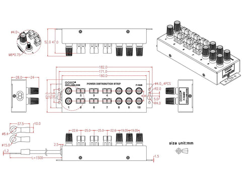 Technical diagram of Beefed Up Banana Jack and Power Pole DC Power Distribution Strip with ten outlets.