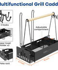 Multifunctional Grill Caddy with paper towel holders, 3 hooks, adjustable compartments, plate rack, size 15x6.7x13.8 inches.