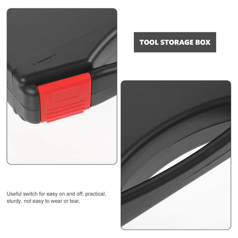 Close-up of Portable Plastic Toolbox With Grip Handle, Heavy Duty Hard Shell Organizer For Mechanics, showing red latch and ergonomic handle.