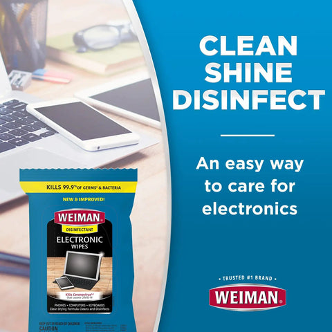 Package of disinfecting electronic wipes for screens and devices with a laptop and phone, highlighting cleaning and disinfecting properties.