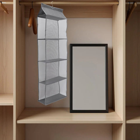 Rock Solid Four Layer Closet Hanging Shelf With Sturdy Hook Nonwoven Mesh Bag Organizer Space Saver with deep compartments.