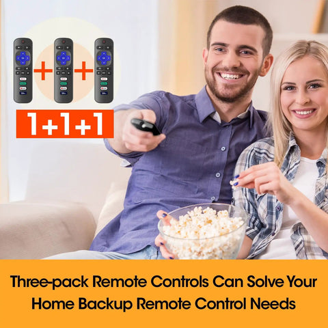 Three Pack Roku TV Remote Replacements With Auto Pairing, No Setup Needed shown with smiling couple enjoying popcorn.