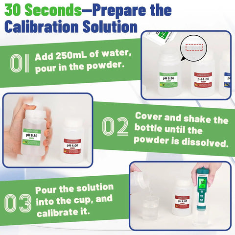 Step-by-step instructions to use 15 Pack pH Buffer Powder Calibration Kit With 4.00 6.86 9.18 pH Buffers And 3 Extra Bottles.