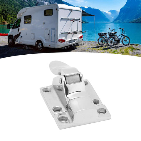 Rock Solid 316 Stainless Steel Marine Latches Lockable Door Clamps For Boats Yachts And Rv Heavy Duty Hatch Catches With Mirror Polish Finish Built Like A Tank Premium Grade Two Pack shown on an RV at a lakeside.