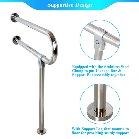 Heavy Duty 304 Stainless Steel Bathroom Handrail Tough As Nails Grab Bar For Wheelchair Accessibility Non Slip Shower Support Railing showing supportive clamp and floor mount.