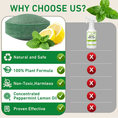 Image showcasing benefits of 24 Pack Peppermint Oil Rodent Repellent Busts Mice Rats Spiders Roaches Squirrels Inside Out with mint and lemon oil.