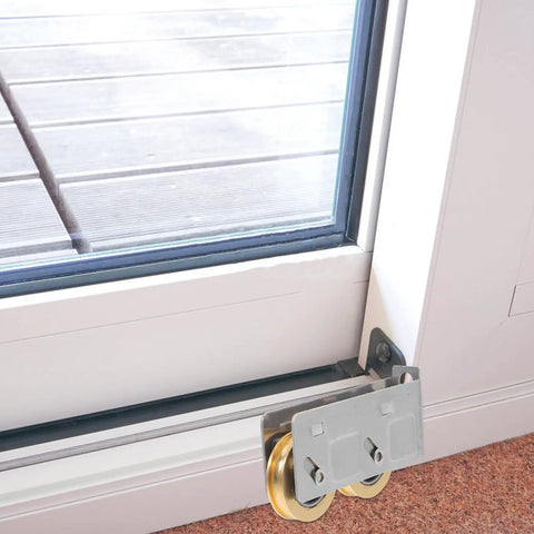 Get Your Track Setup Running Like Butter With These Heavy Duty Sliding Door And Window Pulleys Crafted From Premium Stainless Steel And Fitted With Dual Copper Wheels For Effortless Everyday Glide, showing silver pulley with dual copper wheels.