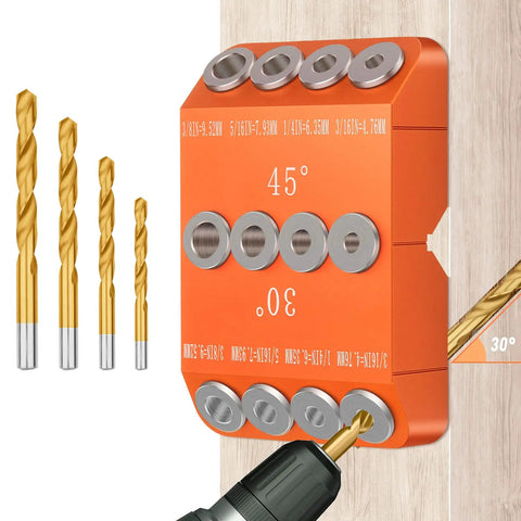 Angled Drill Guide Jig for Cable Railing Posts and Decks with 30 45 90 Degree Holes Four Bit Kit All Metal Durable Drill Jig