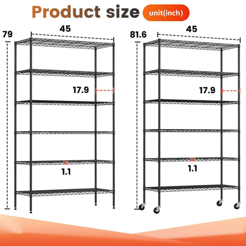 Heavy Duty Six Tier Wire Shelving Cart With Roll Smooth Casters And Quick Adjust Levels dimensions, height 82 inches, width 45 inches.