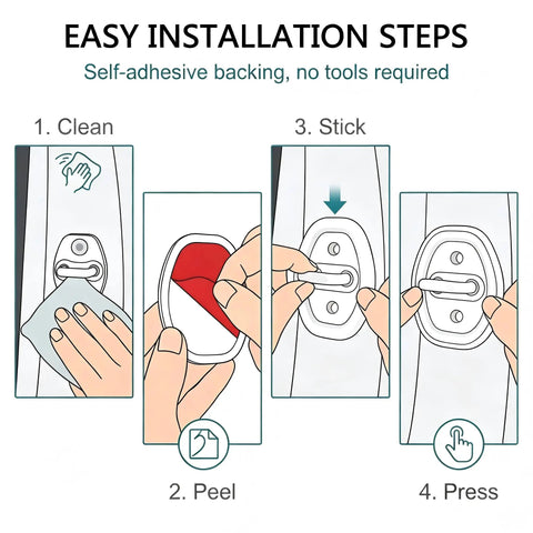 Easy installation steps for Heavy Duty Silicone Door Latch Covers for Your Ride Prevent Metal on Metal Screeching Sound with Self Adhesive Backing.