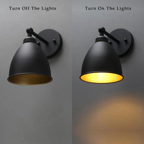 Industrial Hardwire Wall Sconce with Old School Farmhouse Vibe in Black, On and Off View, Right Angled Rustic Metal Lampshade