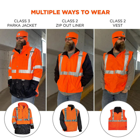 High Visibility Reflective Thermal Jacket Set With Outer Rain Shell Four In One Design, shown in parka, liner, vest forms