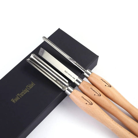 Cryogenic HSS Wood Turning Chisels Set, 3 Piece Lathe Tools with Sharp Bevel Edges on Black Box, Pro Grade Precision Tools