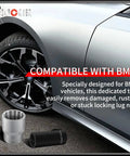 Professional Shop Grade 1/2 Inch Drive 12 Point 23Mm Spline Socket Pair Plus 19Mm Twist Lug Nut Buster For Bmw, shown beside BMW wheel