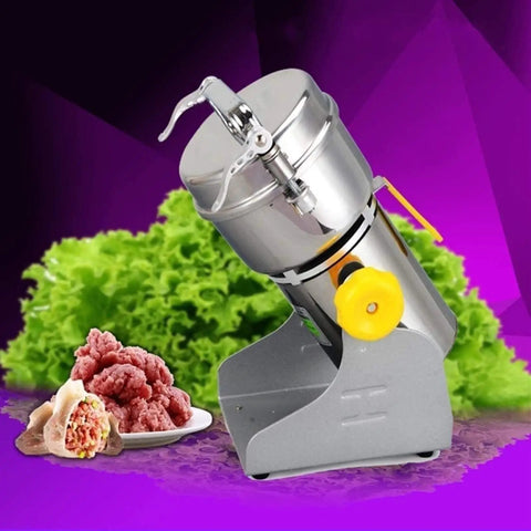 Electric Grain Grinder For Herbs And Spices Swing Type Commercial Powder Mill with food, background of lettuce and minced meat