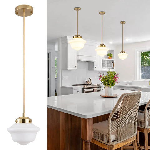 Black 8 Inch Milk Glass Schoolhouse Pendant Light With Adjustable Rods For Farmhouse Ceiling Dope Vintage Vibe Perfect For Living Room Kitchen Dining Hallway Island Pendant Lighting in modern kitchen setting.