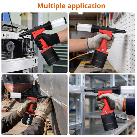 Professional Pneumatic Rivet Nut Gun Featuring Automatic Self Suction Loading And Four Quick Swap Nosepieces For Smooth Single Hand Operation on various work applications.