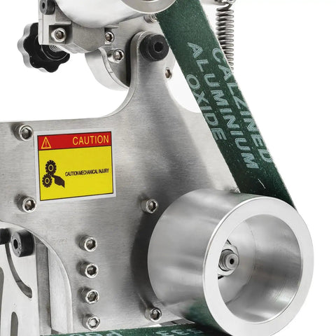 Close-up of Premium Variable Speed Belt Grinder For Heavy Duty Metalworking, showing 750W motor and aluminum oxide belt.