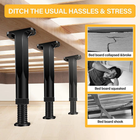Eight Piece Adjustable Bed Frame Support Legs Twist Base From 7.8 To 14.6 Inches With Mounting Screws view under bed showing twist-adjustable legs.