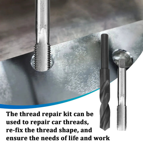 Beefed Up Thread Repair Kit For Damaged Threads M16x2 With Stainless Steel Inserts Drill Tap Wrench And Insertion Tool shown with tools