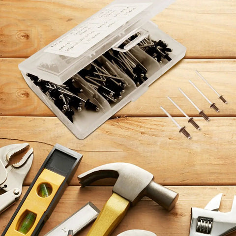 Easy Install Blind Rivets 120 Piece Black Aluminum Assortment Kit with tools on wooden surface