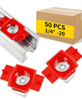 50 Piece Pack 1/4 20 Red Nylon Strut Channel Cone Nuts Twist Lock Hardware Fasteners For Metal Framing Tool Free Install A Solid Pick That Knocks Out Your Heavy Duty Work displayed with packaging and metal channel.