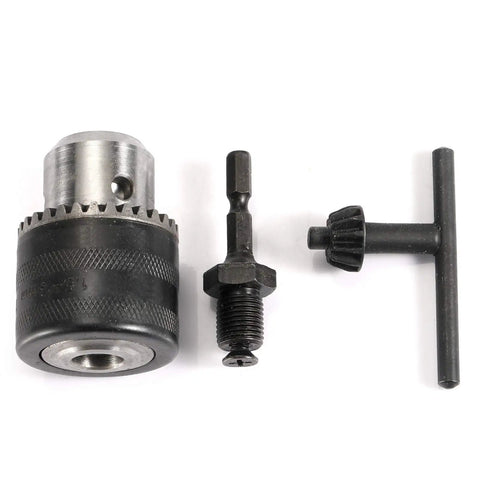 Game Changer 1 2 Inch Drill Chuck Adapter With Quick Swap Hex Drive And Wrench set showing three items, heavy-duty steel construction.